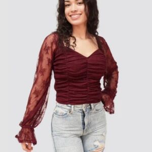 SELF E Red Burgundy Long Sleeves Lace Rush Blouse size S